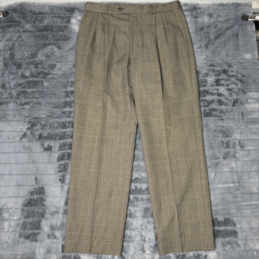 Cellini Linea Uomo Mens Brown Glen Plaid Pleated Dress Pants Wool Blend‎ 37L